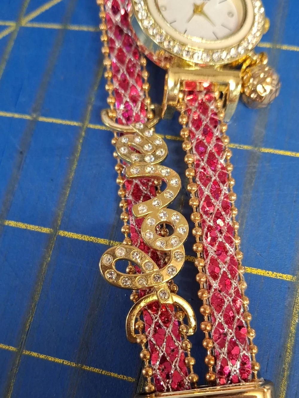 Fan Te Da Rhinestone Pink Love Pleather Charm Gold Tone 8